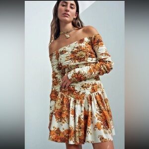Alemais Orange Floral Long Sleeve Off the Shoulder Drop Waist Mini Dress XXS XS